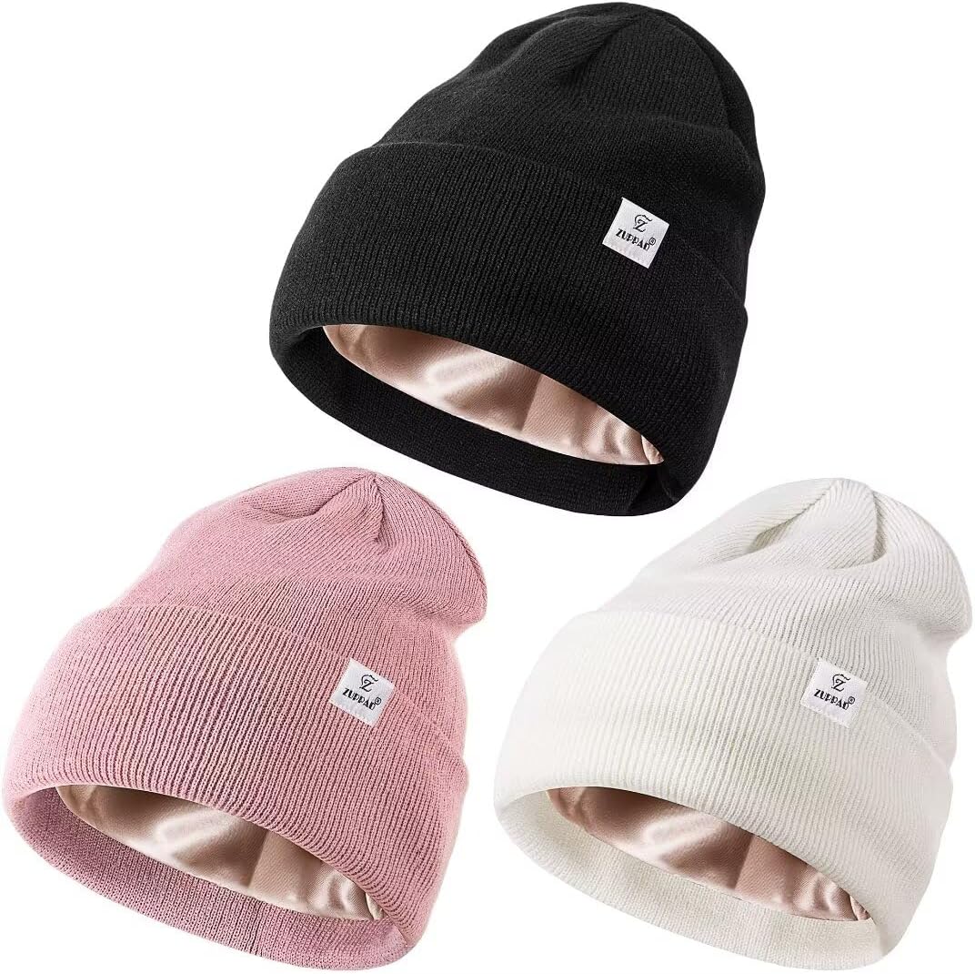 Satin Lined Winter Beanie Hats,Silk Lined Beanie Knit Soft Warm Cuffed Hat for Women Men