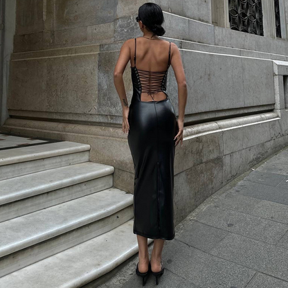 🔥2024 Summer Fashion Women's PU Leather Spaghetti Strap Dress